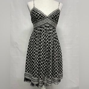 BCBG Max Azria black/white print spaghetti strap dress tulle hem. Sz 6